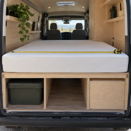 Custom camper van mattress: one rectangular high-density foam mattress on a plywood platform bed in a van conversion
