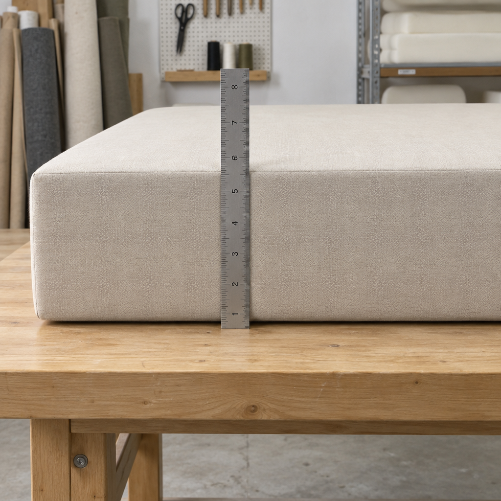 Side view of a 6-inch thick custom van mattress showing the clean high-density foam edge and smooth fabric cover
