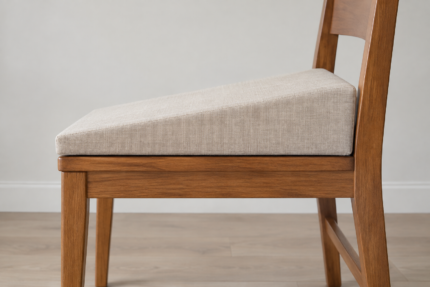 Side profile of a custom wedge seat cushion with a tailored linen cover, ramping from a thin front edge to a taller back edge, resting on a wooden chair seat