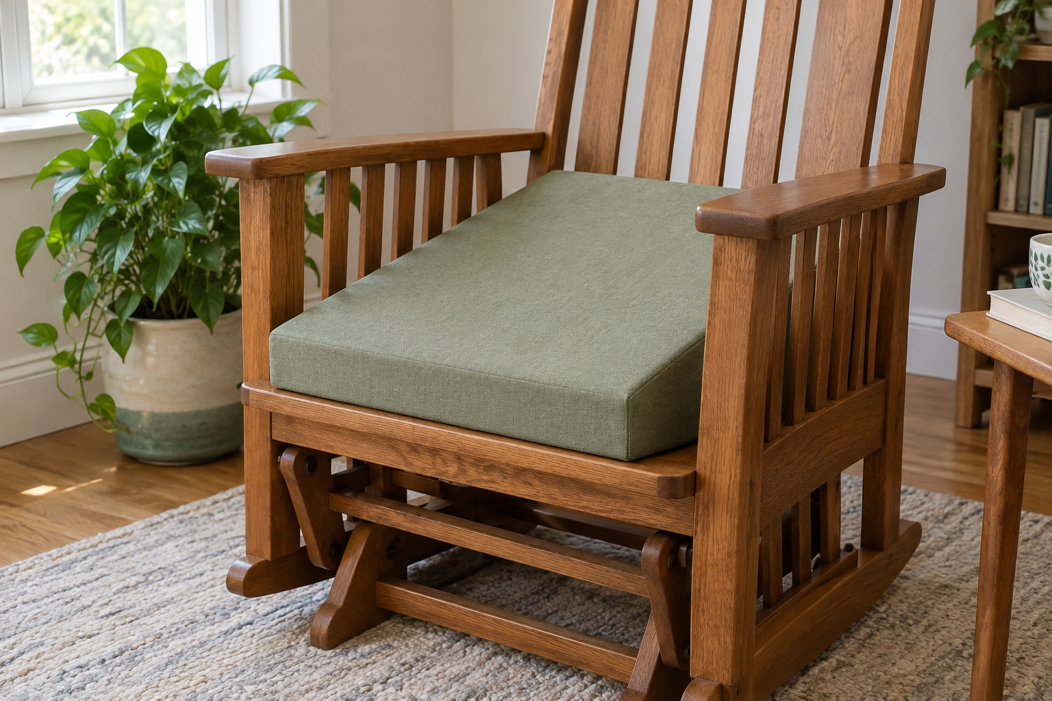 A wedge cushion lifting the seat of a glider rocker - added thickness raises seat height for easier standing