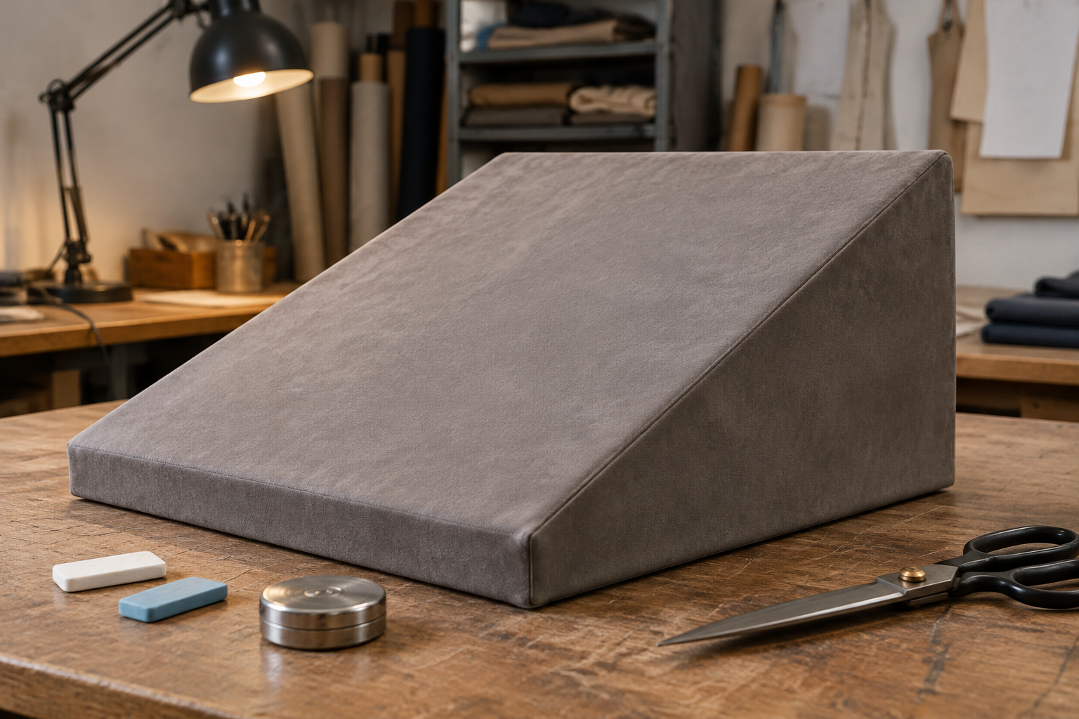 A wedge cushion on a workroom cutting table with tailor chalk and shears