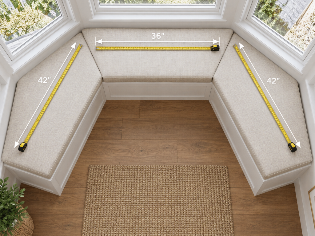 Overhead measurement diagram showing how to measure each section of a bay window cushion