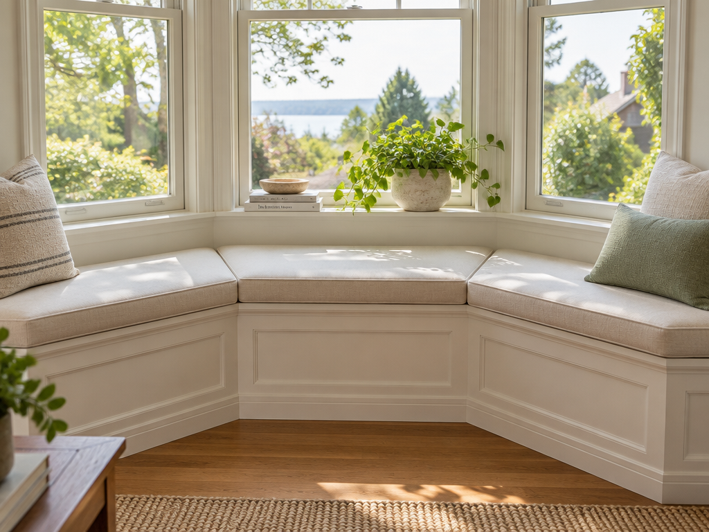 Bay window with three custom ivory linen cushions meeting at angled corners