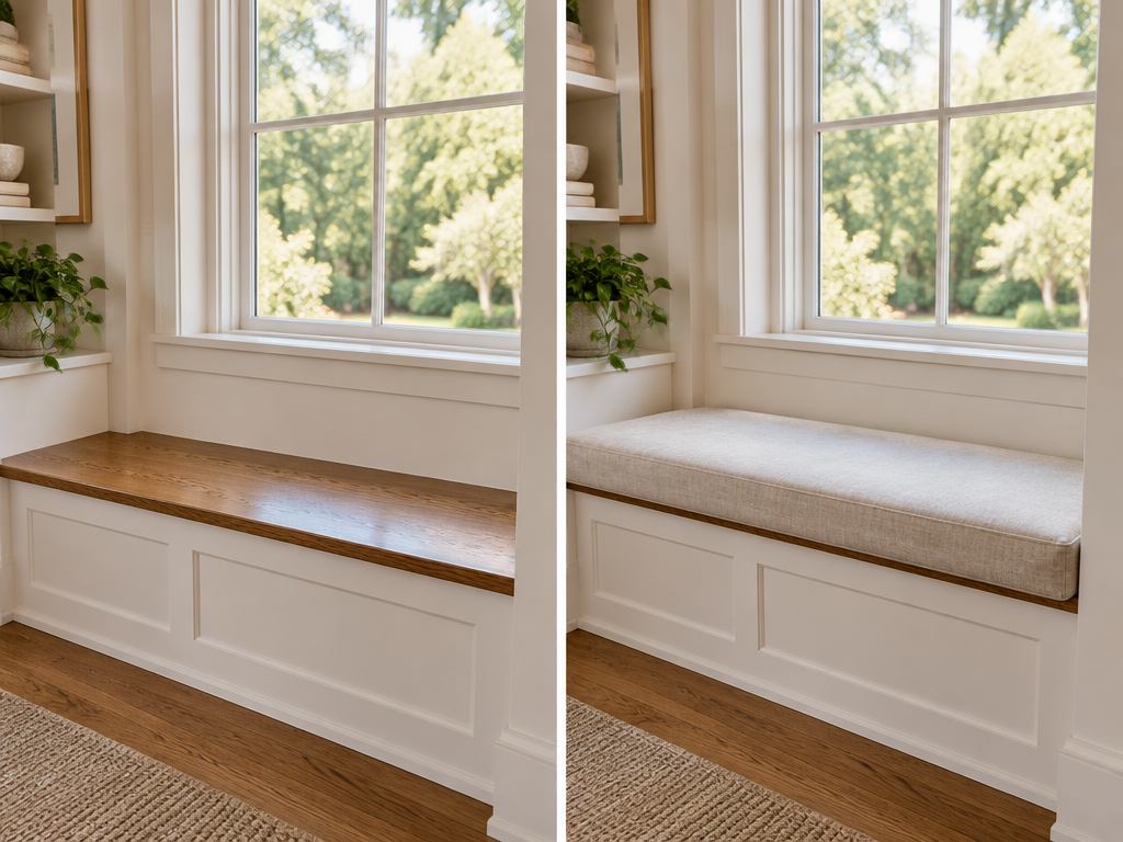 Before and after: bare wooden window bench versus same bench with flat oatmeal linen cushion
