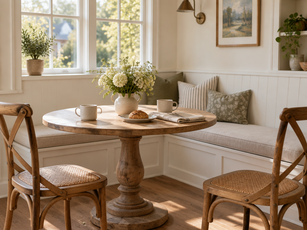Breakfast nook built-in bench with custom oatmeal linen bench cushion