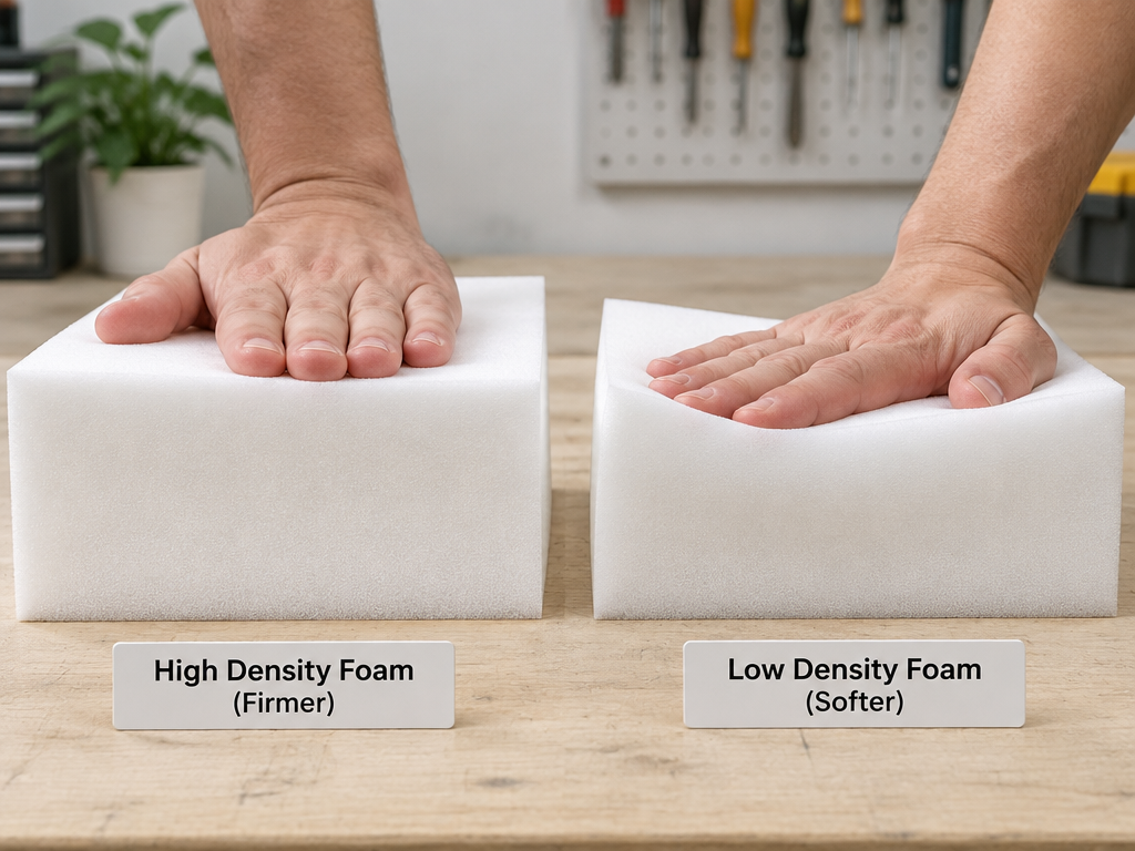 Compression comparison of high density 60D foam versus lower density foam under hand pressure