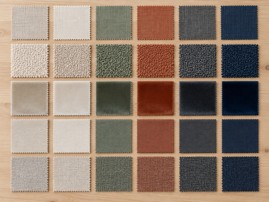 Flat-lay of five fabric families with color swatches from oatmeal to navy