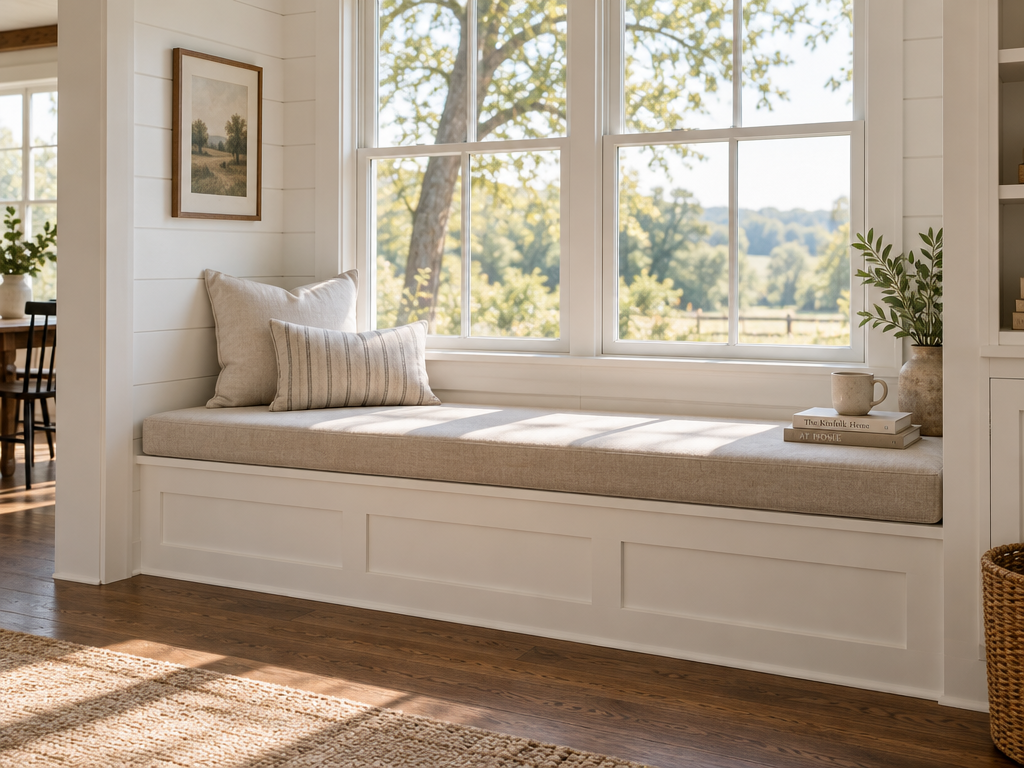 Farmhouse window seat with long custom oatmeal linen window seat cushion