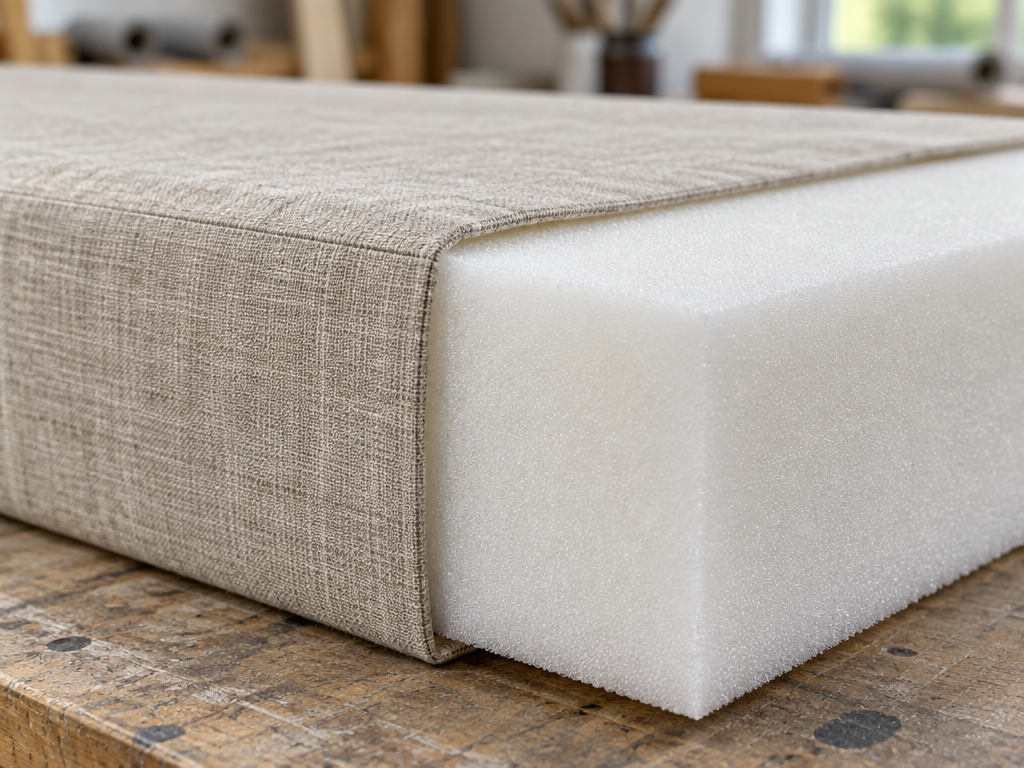Close-up of 4 inch high-density foam core wrapped in oatmeal linen fabric