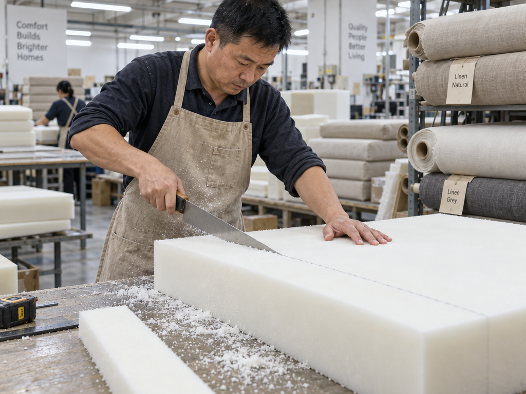 Worker cutting high-density foam block to size in the CushionMill workshop