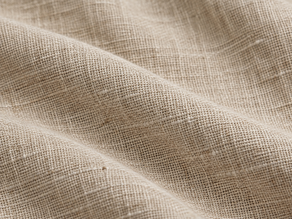 Macro close-up of oatmeal linen fabric weave for custom window seat cushions