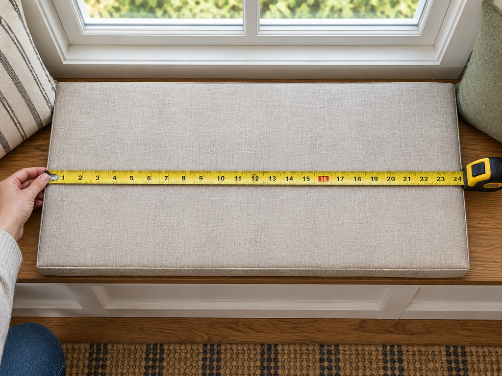 Overhead view showing how to measure window seat cushion width edge to edge with tape measure