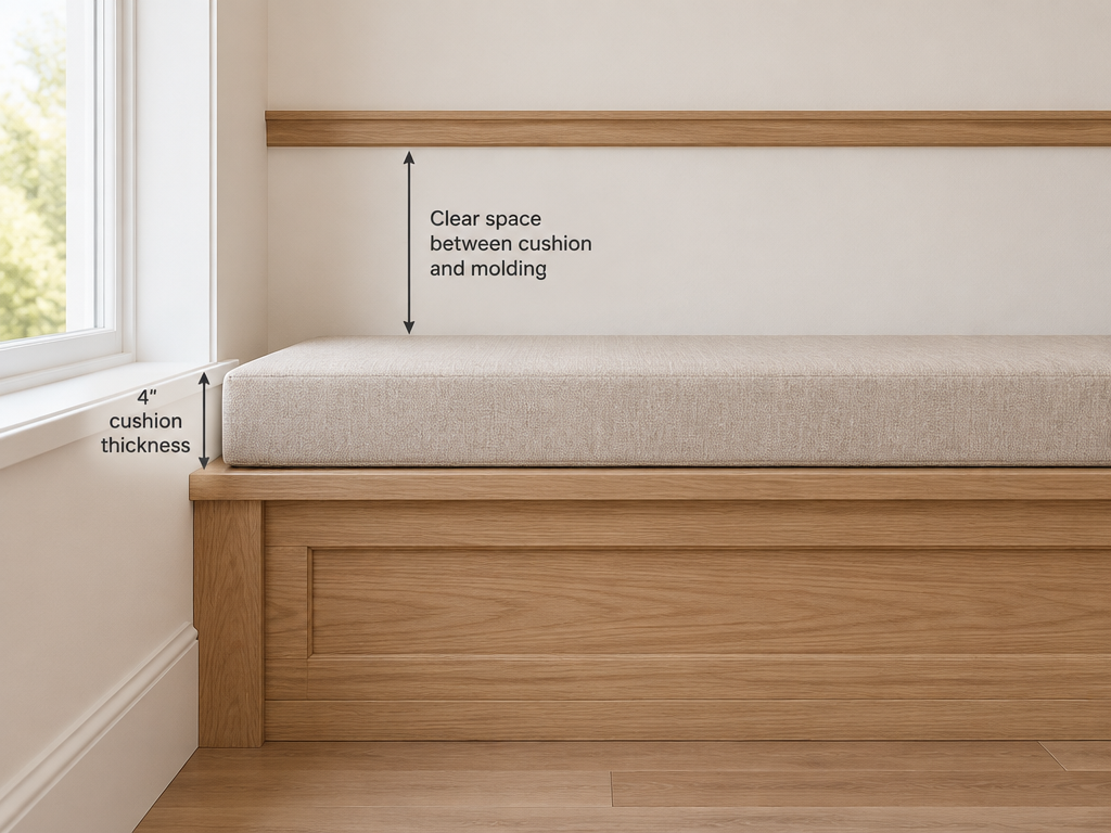 Side view of window seat cushion thickness with clearance below wall molding