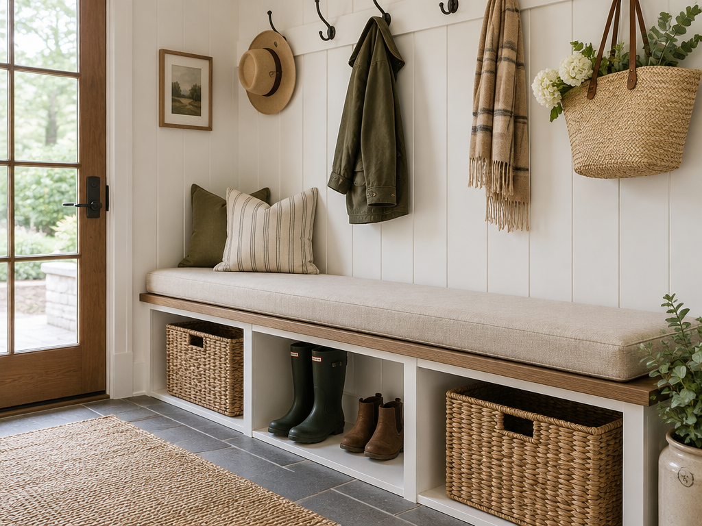 Mudroom bench with long durable oatmeal linen cushion between storage cubbies