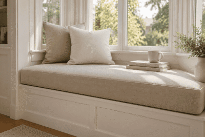 Featured: layered window seat with custom cushion and throw pillows in a sunlit nook