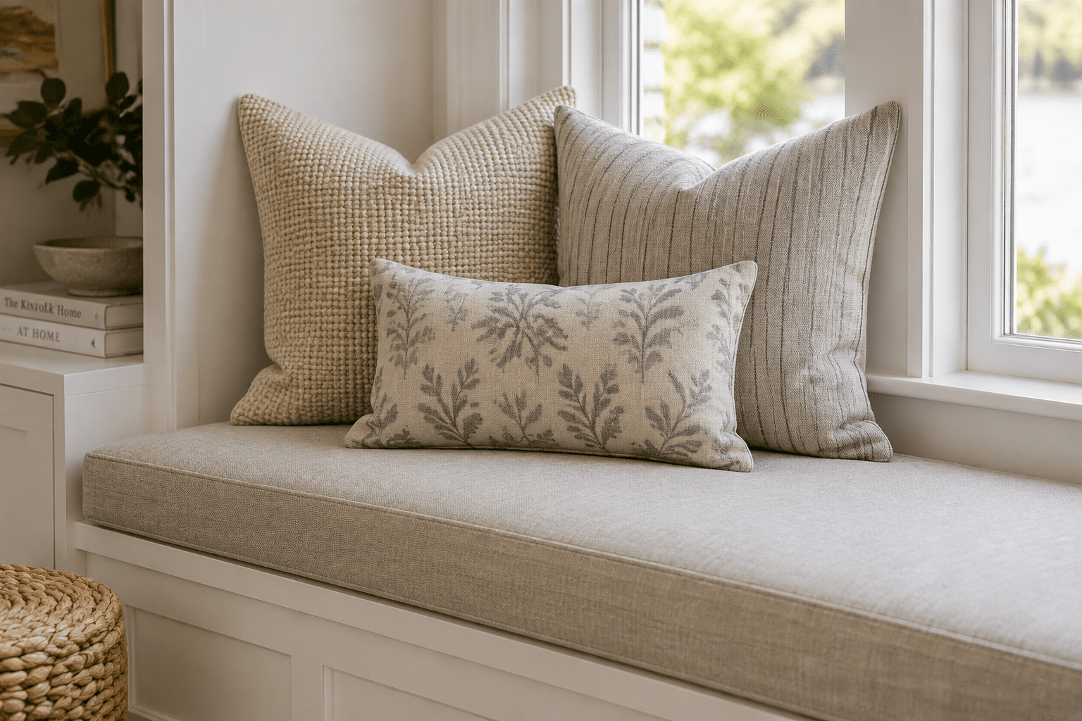 Throw pillows layered on a window seat cushion in a reading nook