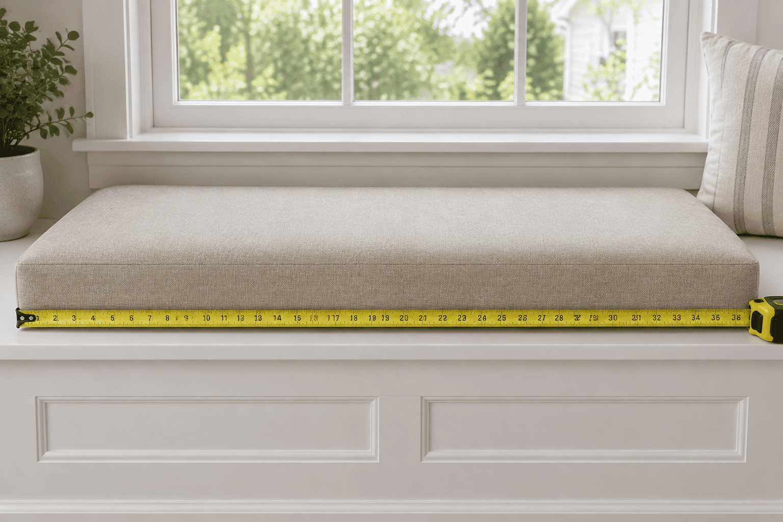 Custom window seat cushion measured with a tape measure on a built-in bench
