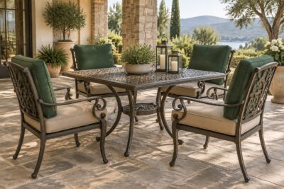 Cast aluminum outdoor dining set with scroll details and firm replacement cushions in sand and green