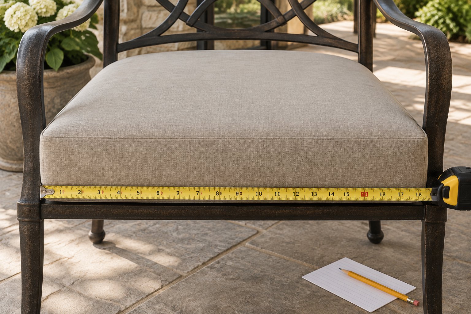 Cast aluminum frame measured for Florentine replacement cushions — mid-century seats need three numbers, not a stock chart