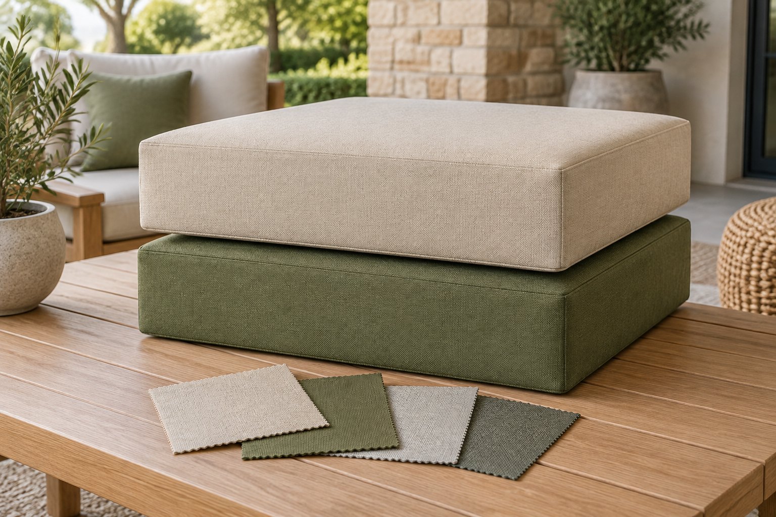 Square custom outdoor cushion in solution-dyed fabric, cut to exact side lengths