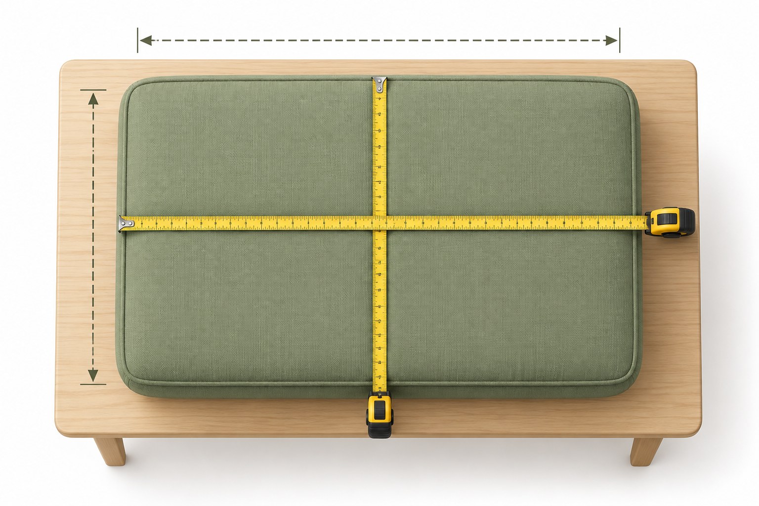 Measuring a rectangular sofa seat cushion with a tape measure