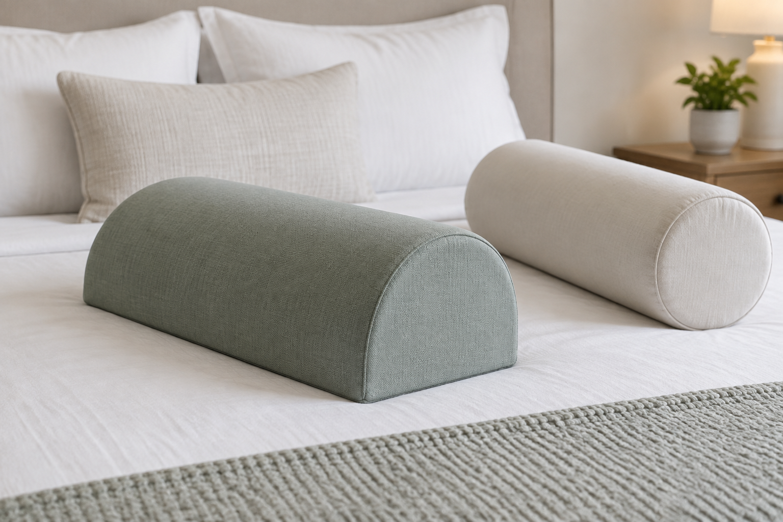 Half-round bolster lying stable on its flat base while a round roll would shift