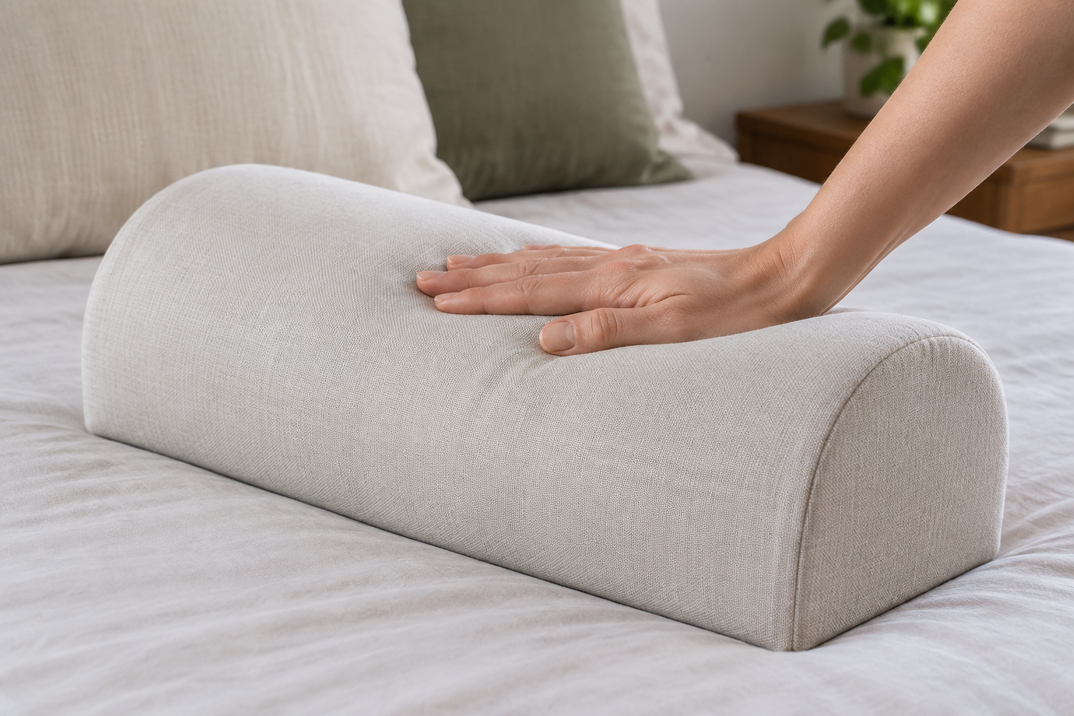 Hand pressing the domed top of a firm half-round knee bolster
