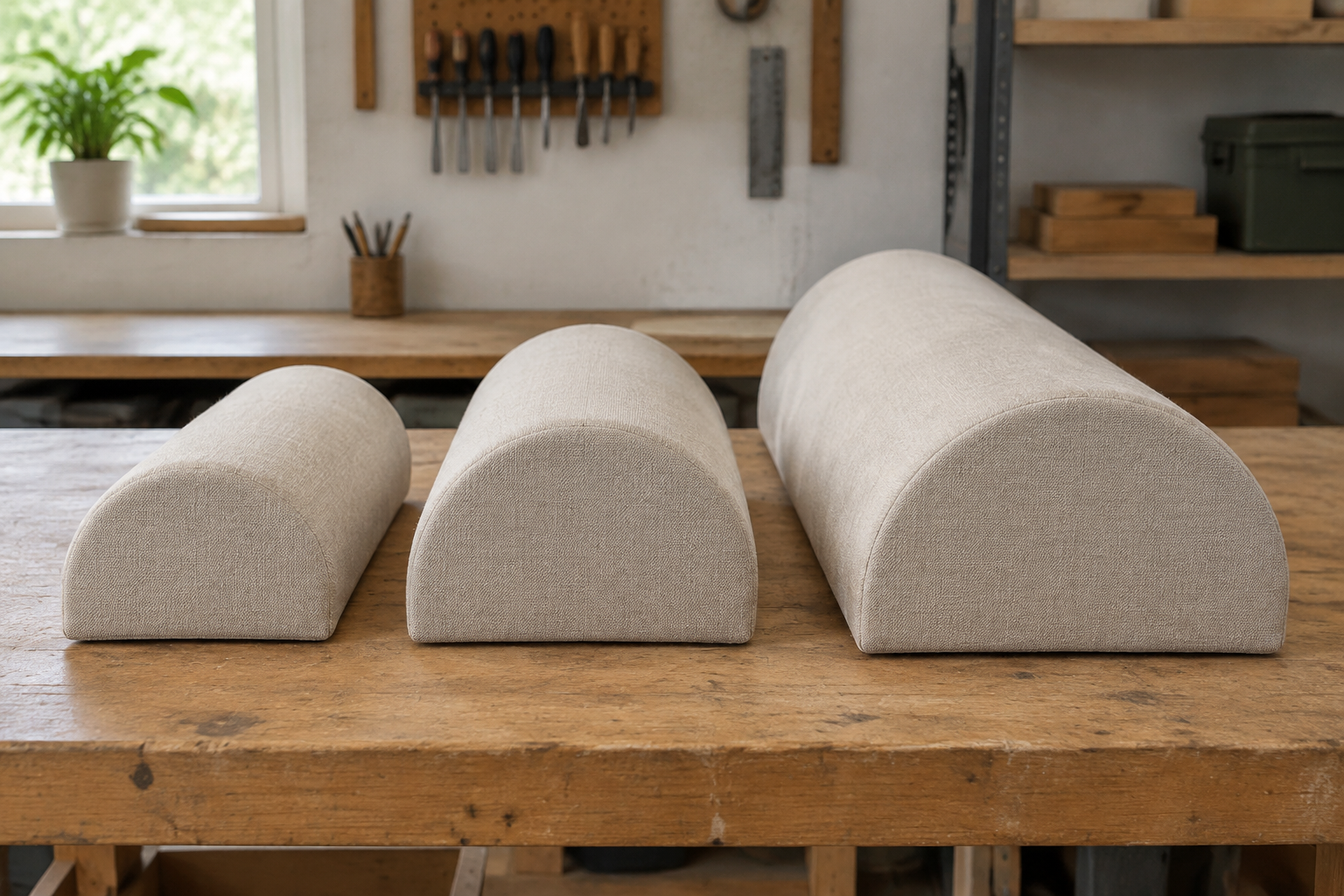 Three half-round bolster lengths lined up end to end in the workshop