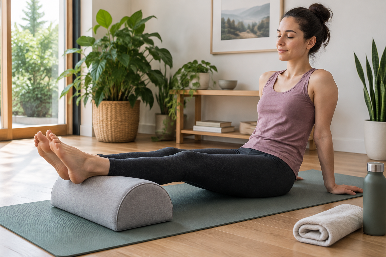 Half-round bolster supporting the calves during a home stretching session