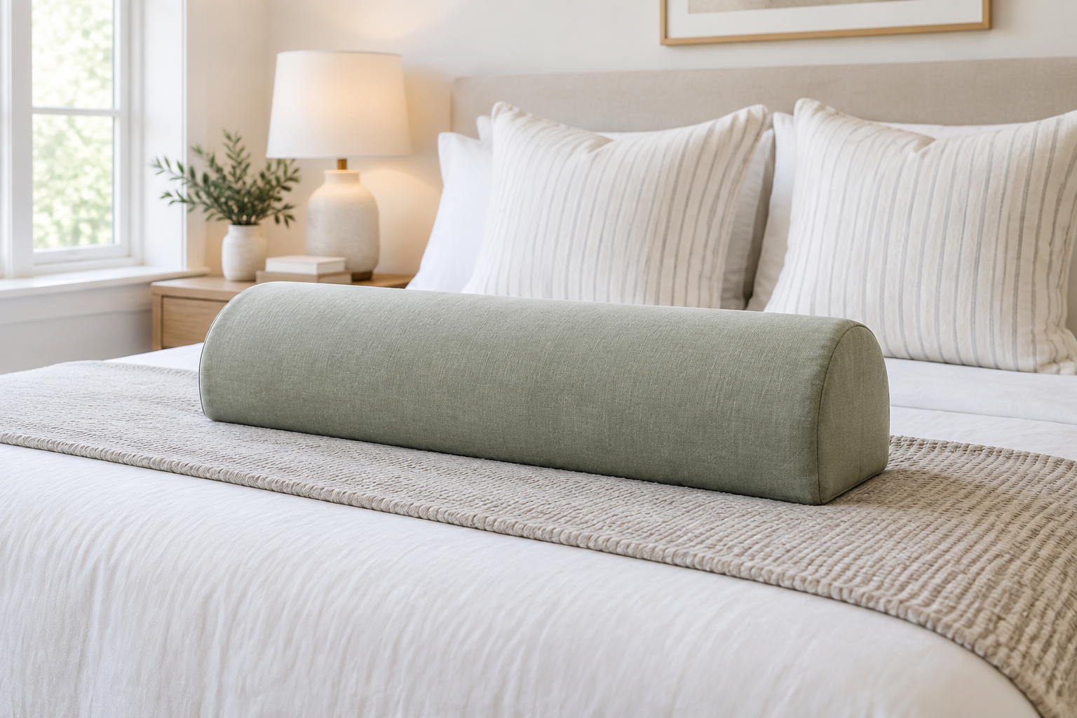 Half-round knee bolster styled at the foot of a made bed