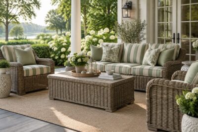 Wicker conversation set on a garden porch with custom sage and cream striped cushions
