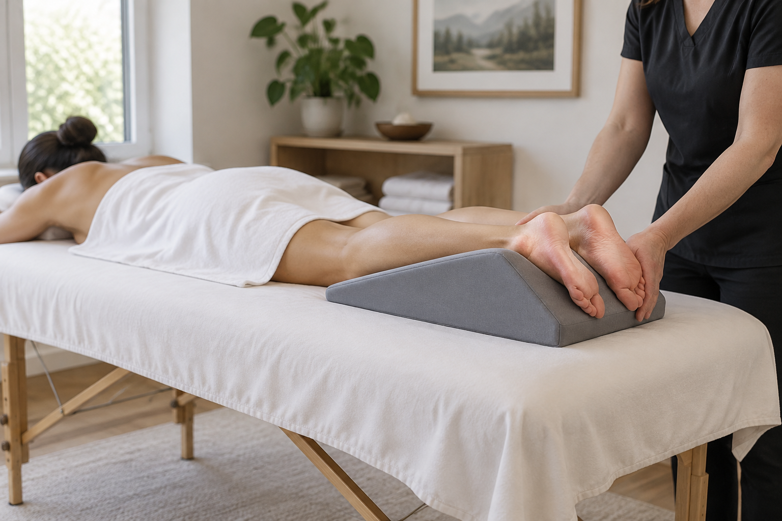 Wedge massage bolster supporting the ankles of a prone client on a massage table