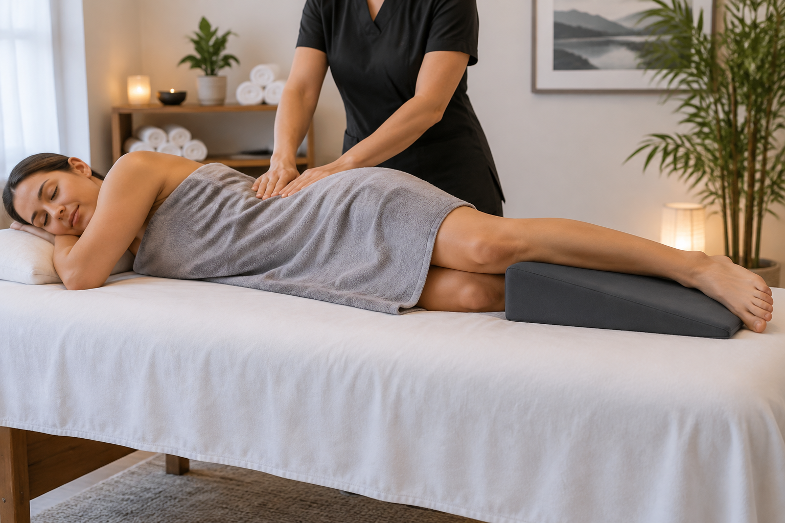 Wedge bolster under the lower leg of a side-lying massage client for hip alignment