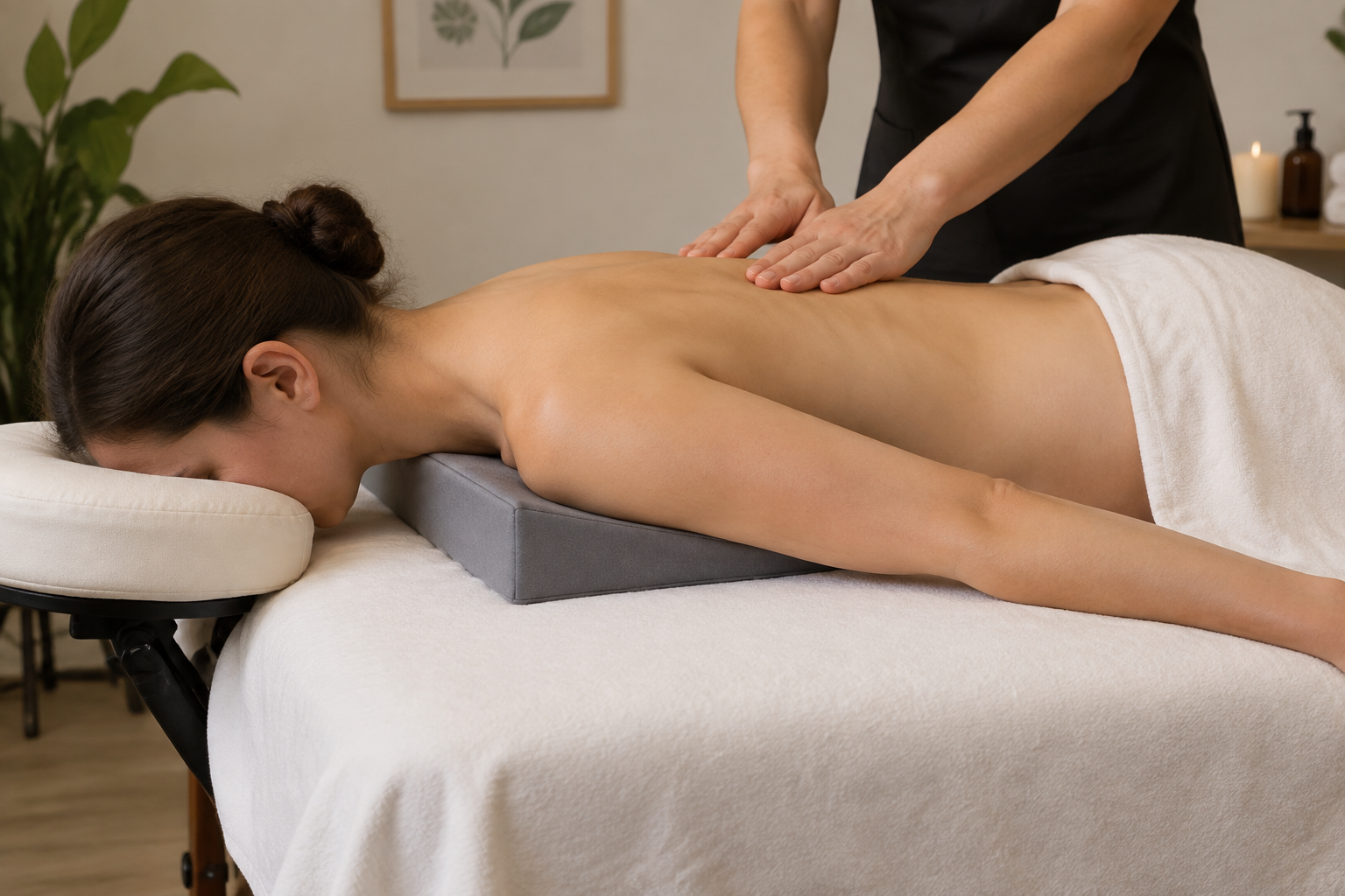 Small wedge bolster under the chest of a prone massage client