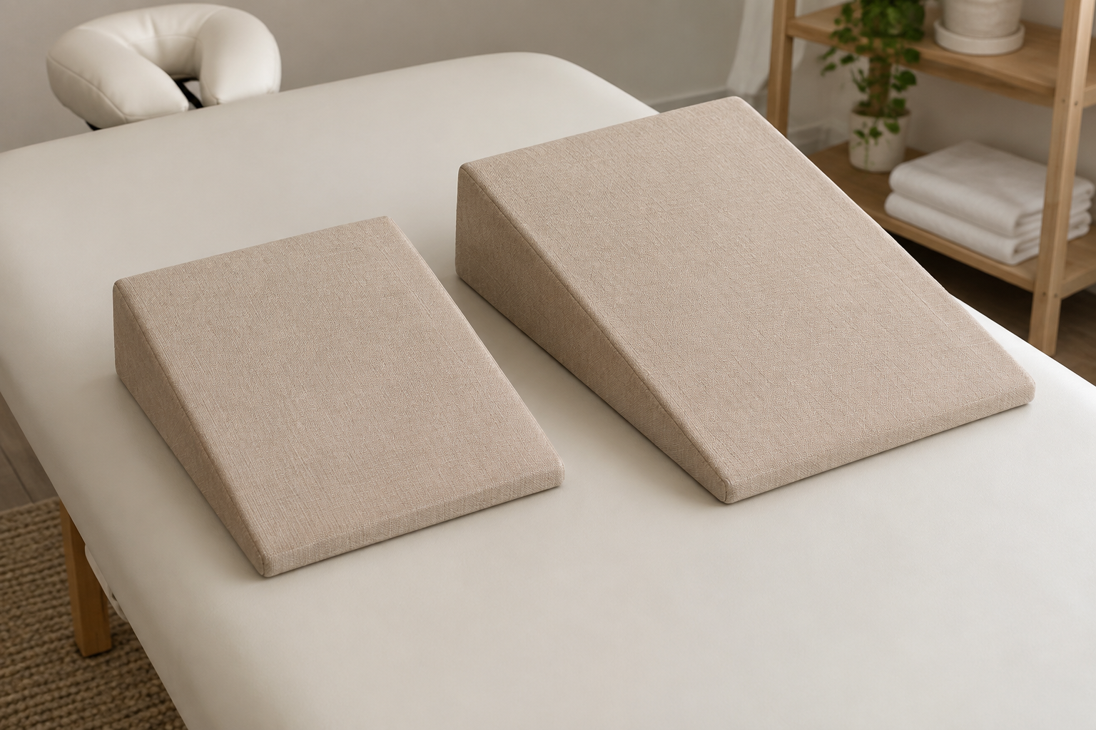 Two massage wedge bolster sizes compared side by side on a massage table