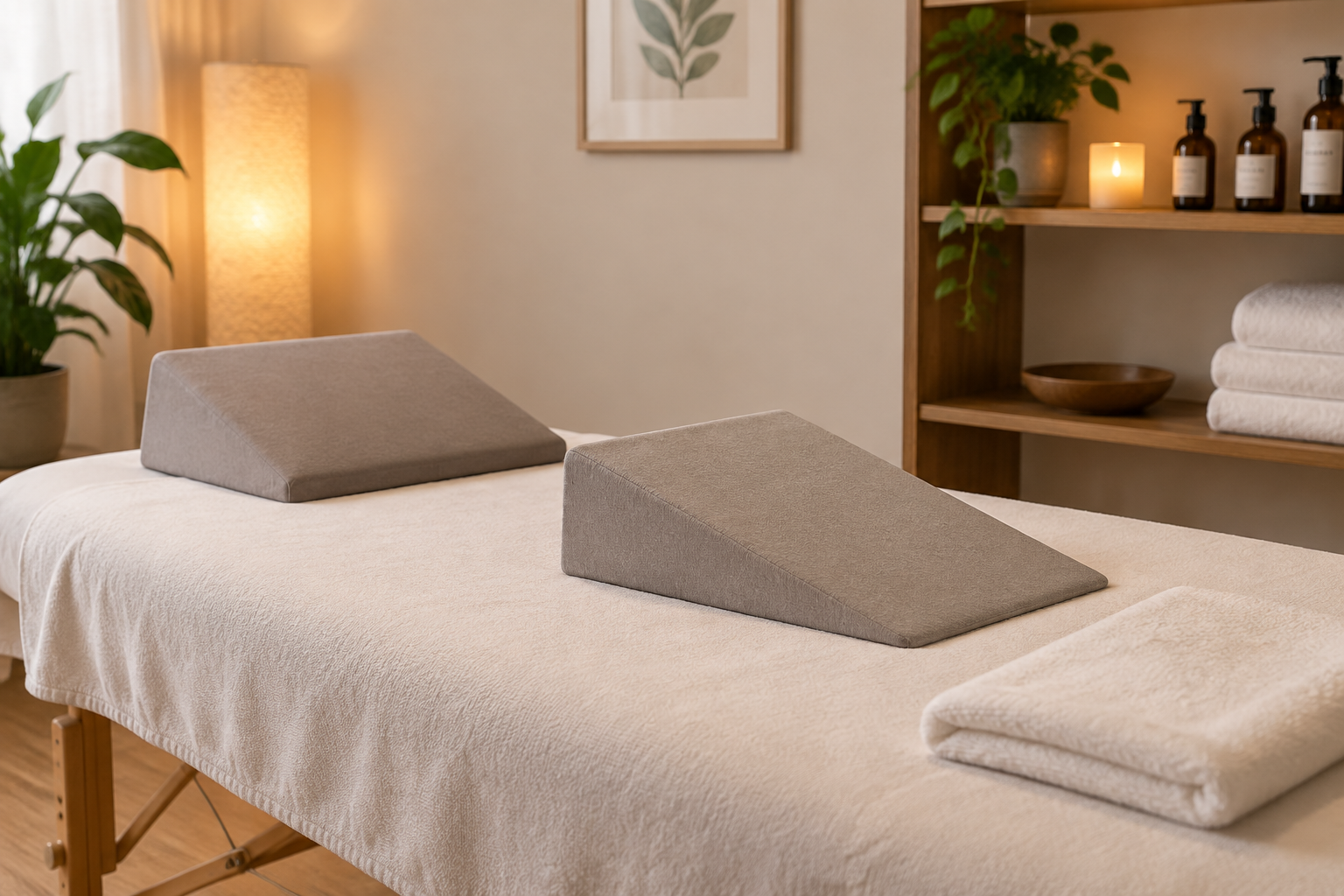 Massage studio table set with wedge bolsters in use