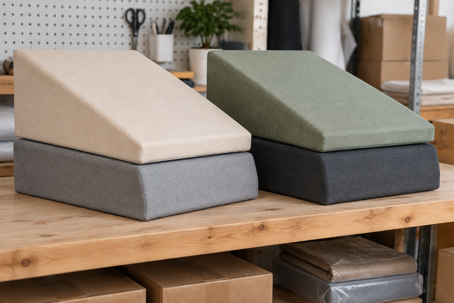 Massage wedge bolsters in four fabric colors stacked in the workshop