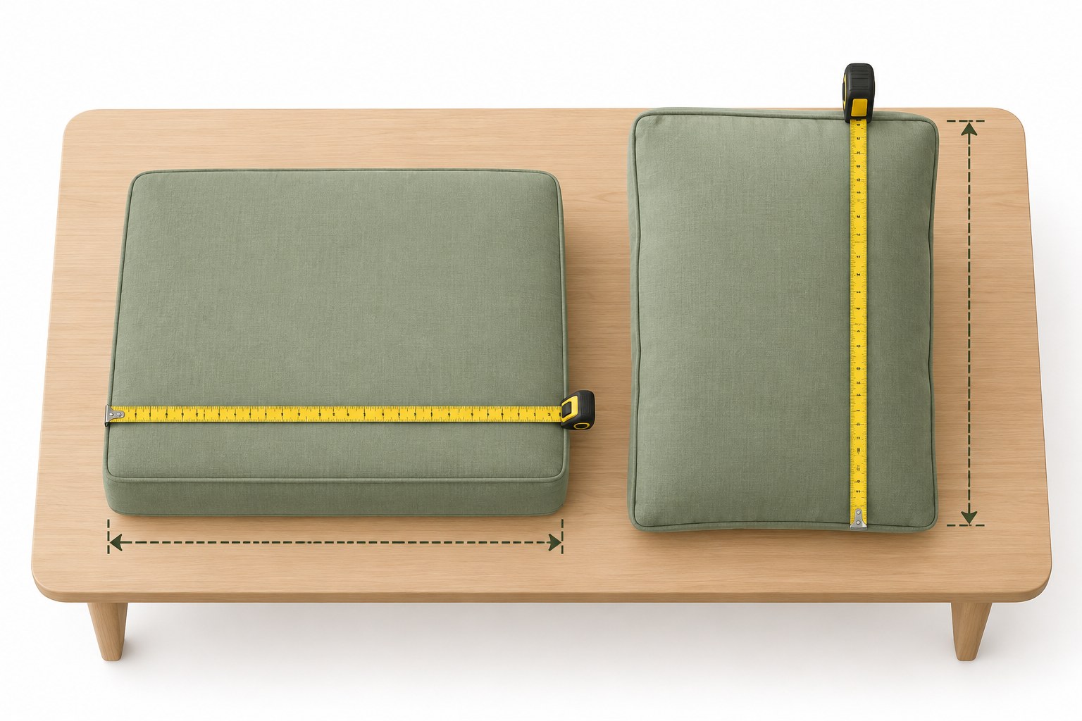 Measuring a deep-seat cushion and a tall back cushion with a tape measure