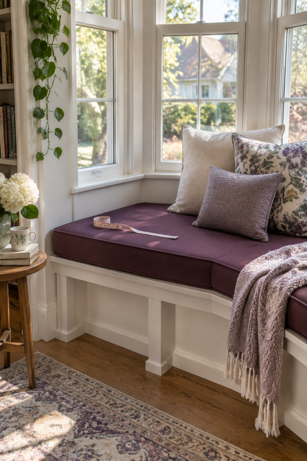 Firm flat-top trapezoid cushions fitted to a bay window bench, tight tailored seams, high-density foam