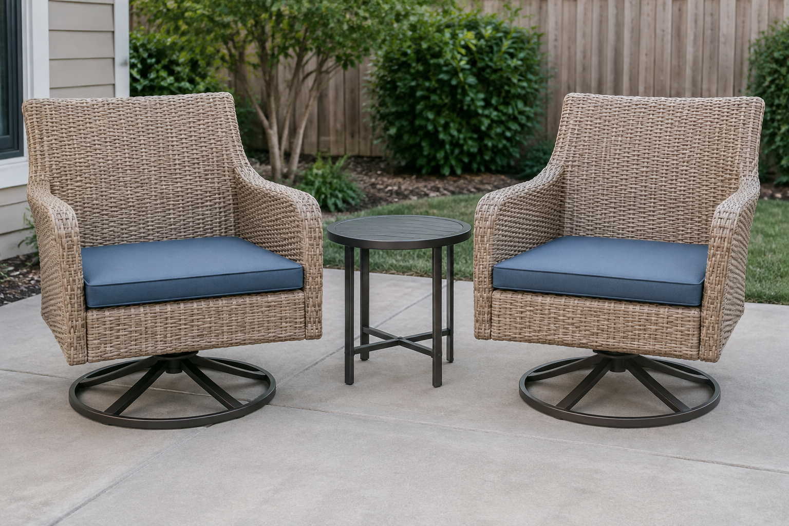 Hampton Bay swivel chairs with new flat slate blue replacement seat pads