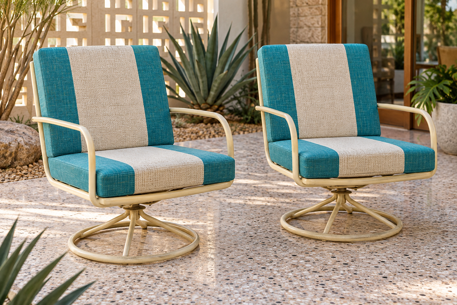 Homecrest Pearl Creek vintage swivel rockers with new turquoise and oatmeal replacement cushions
