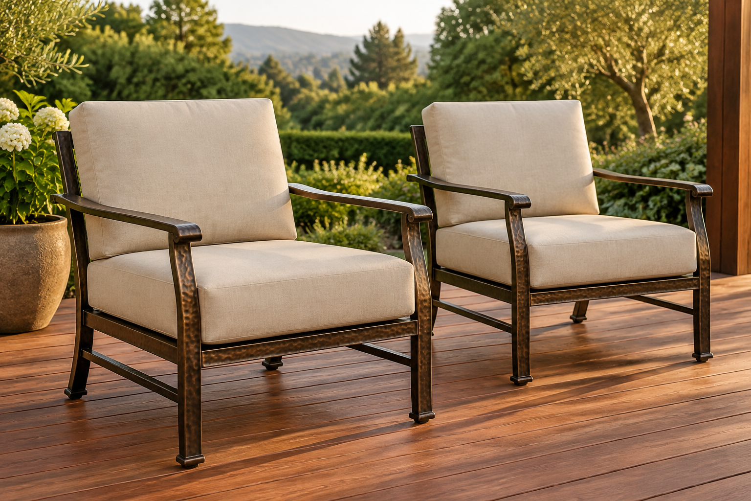 OW Lee Ashbury forged aluminum lounge chairs with new sand replacement cushions