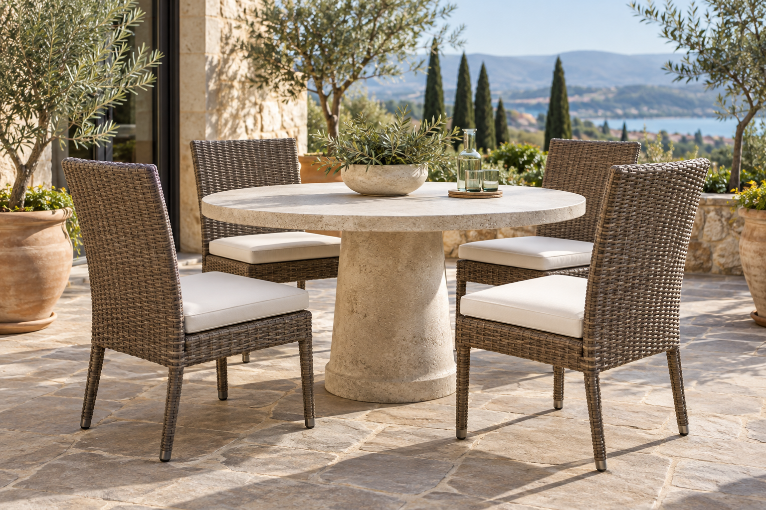 OW Lee Casa woven dining chairs with new ivory replacement cushions