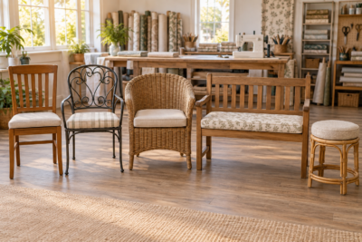 Custom cushions made to your measurements - five chairs fitted with new custom seat cushions in a bright workshop