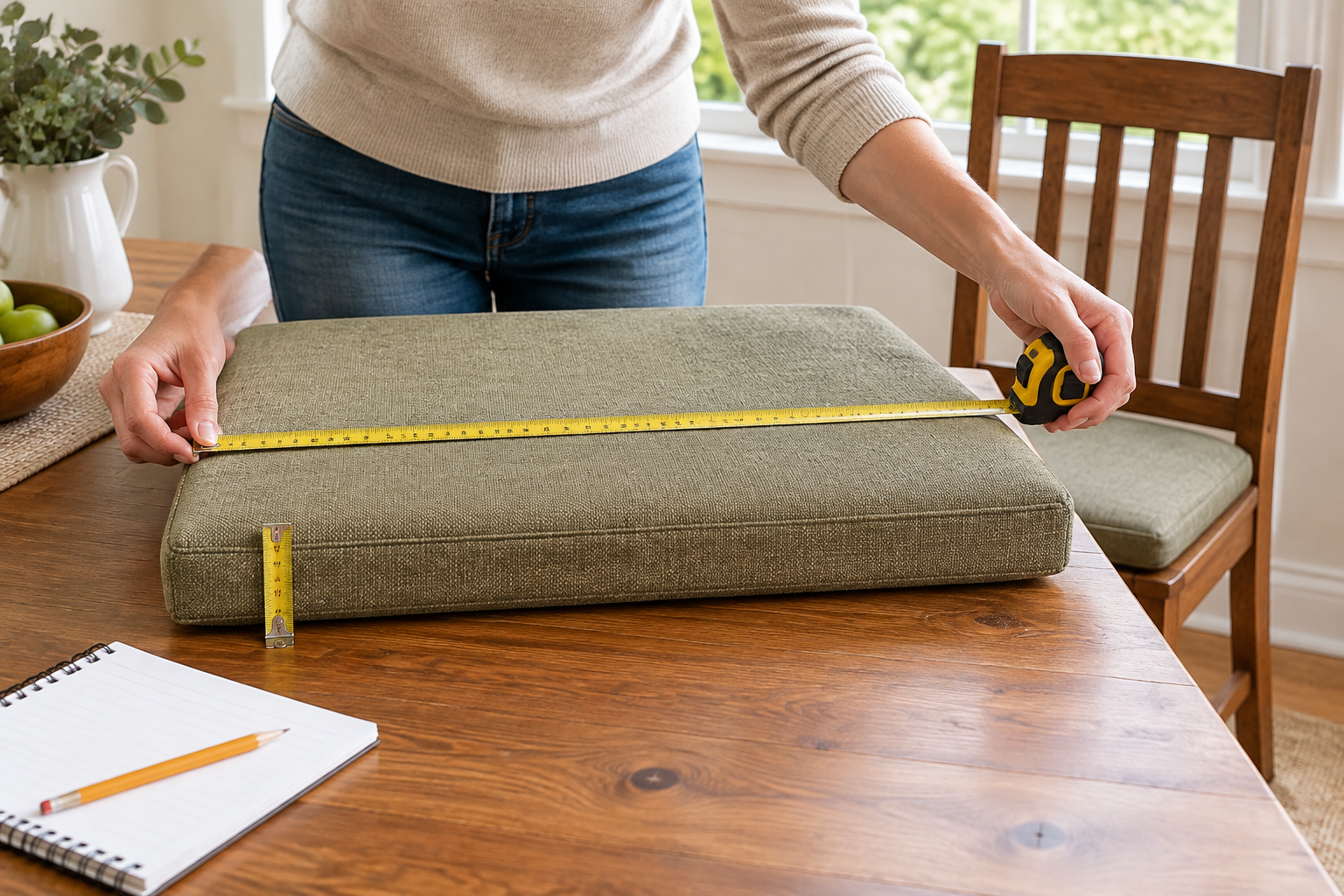 How to measure for a custom cushion - tape measure across the width and thickness of an old seat cushion