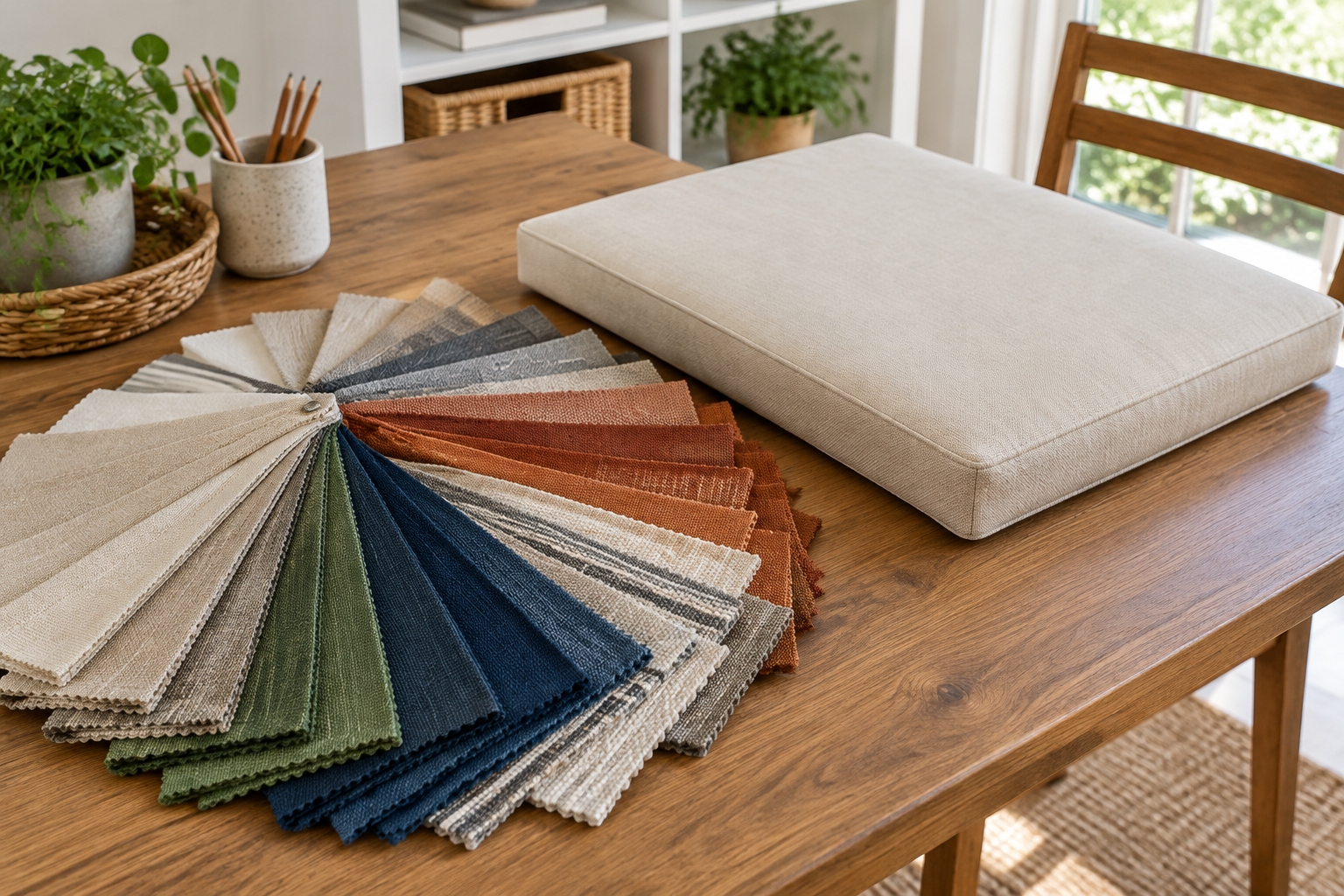 Choosing custom cushion fabrics - outdoor performance fabric swatch cards fanned out for color comparison