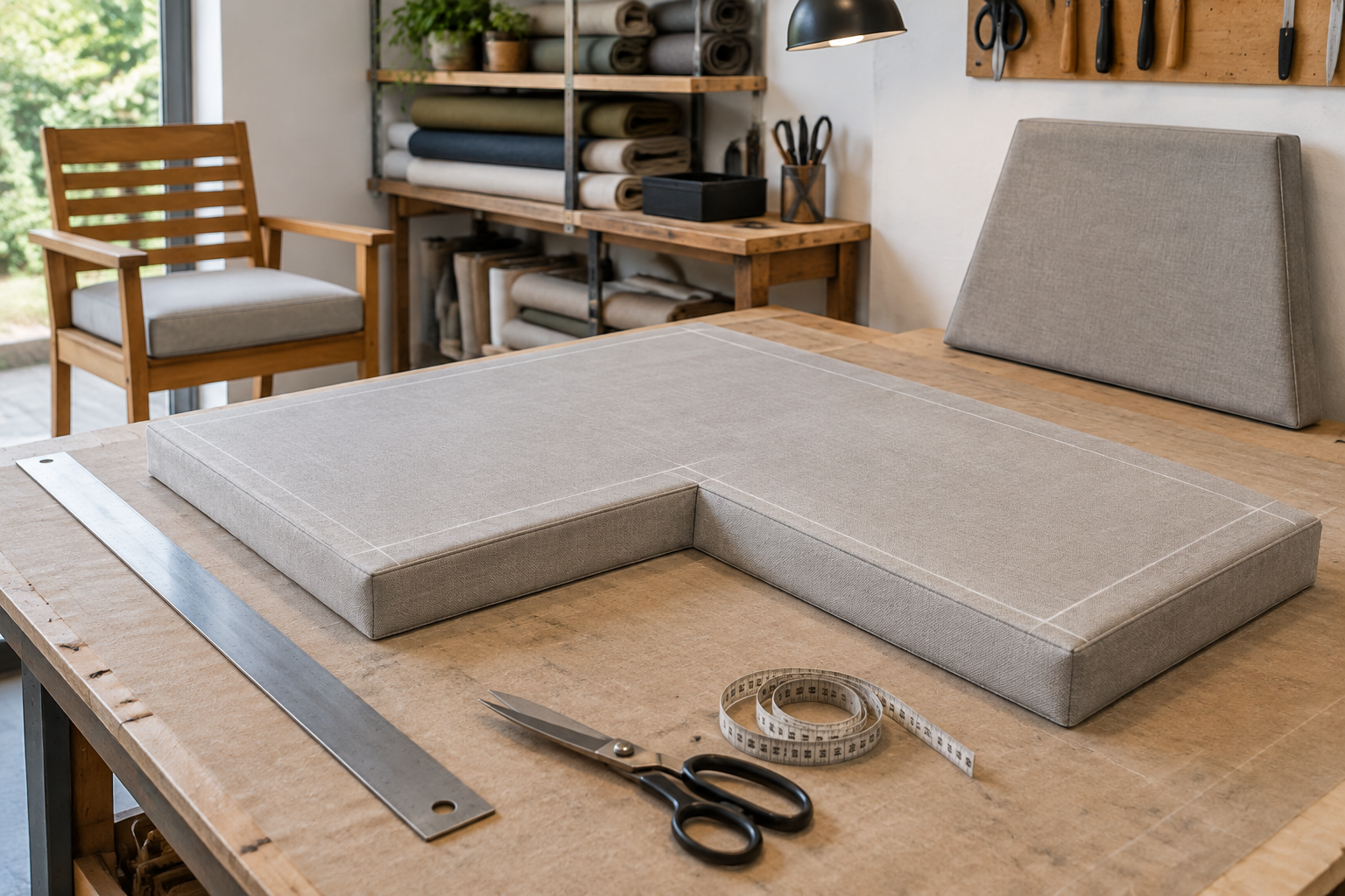 Custom L-shaped and trapezoid cushions cut to shape on a workshop cutting table