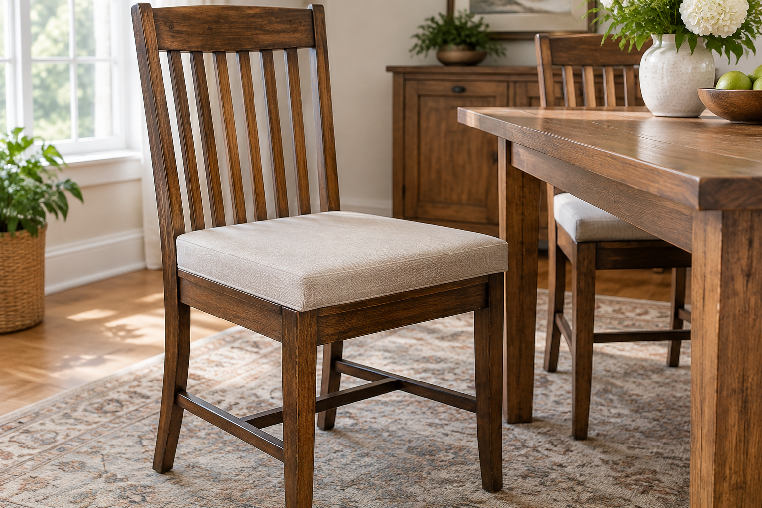 Finished custom seat cushion fitted edge-to-edge on a vintage wooden dining chair