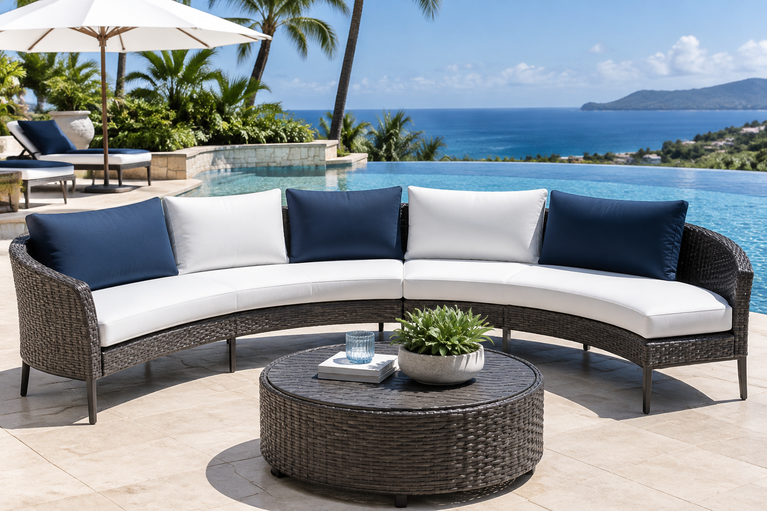 Tropitone Montreux curved wicker sofa with new white and navy replacement cushions