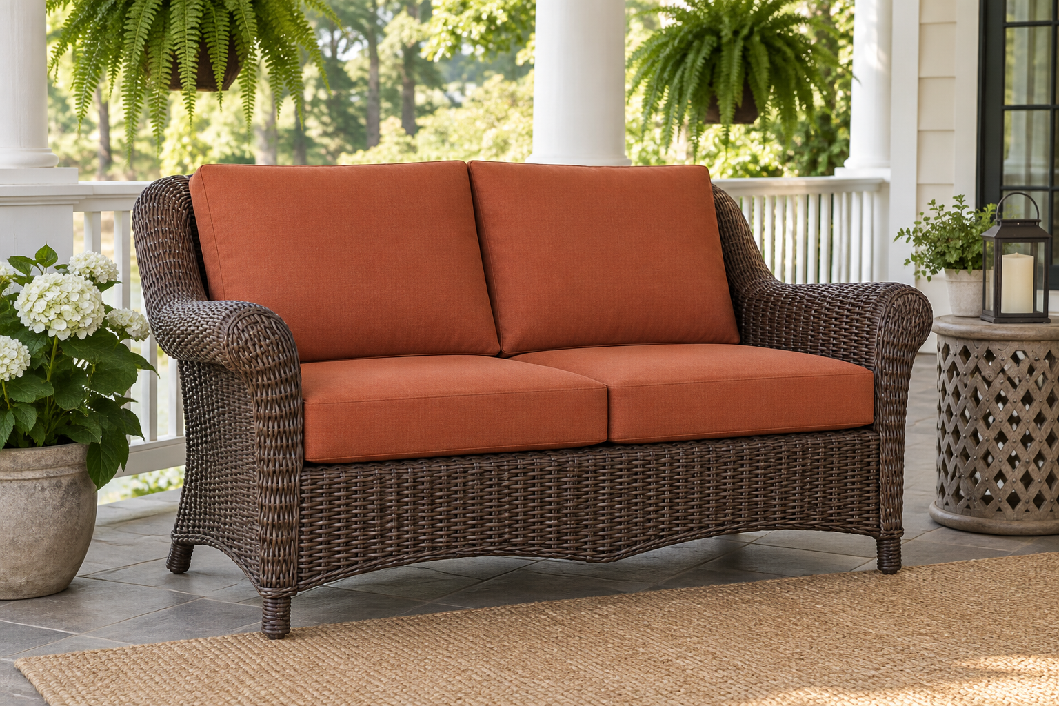 Woodard Briarwood wicker loveseat with new terracotta replacement cushions